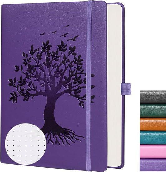 ZXHQ A5 Bullet Dotted Journal Notebook - 150gsm Thick Paper, 256 Pages, Dot Grid Hardcover, Tree of Life Design, Fine Inner Pocket - 5.9" × 8.5" Purple