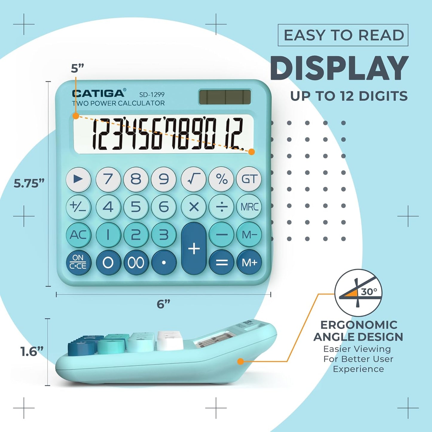 CATIGA Mechanical Switch Calculator with Solar and Battery Dual Power, 12-Digit Large LCD Display, Aesthetic and Cute Desktop Calculator with Big Button, for Home, School and Office Use, SD-1299