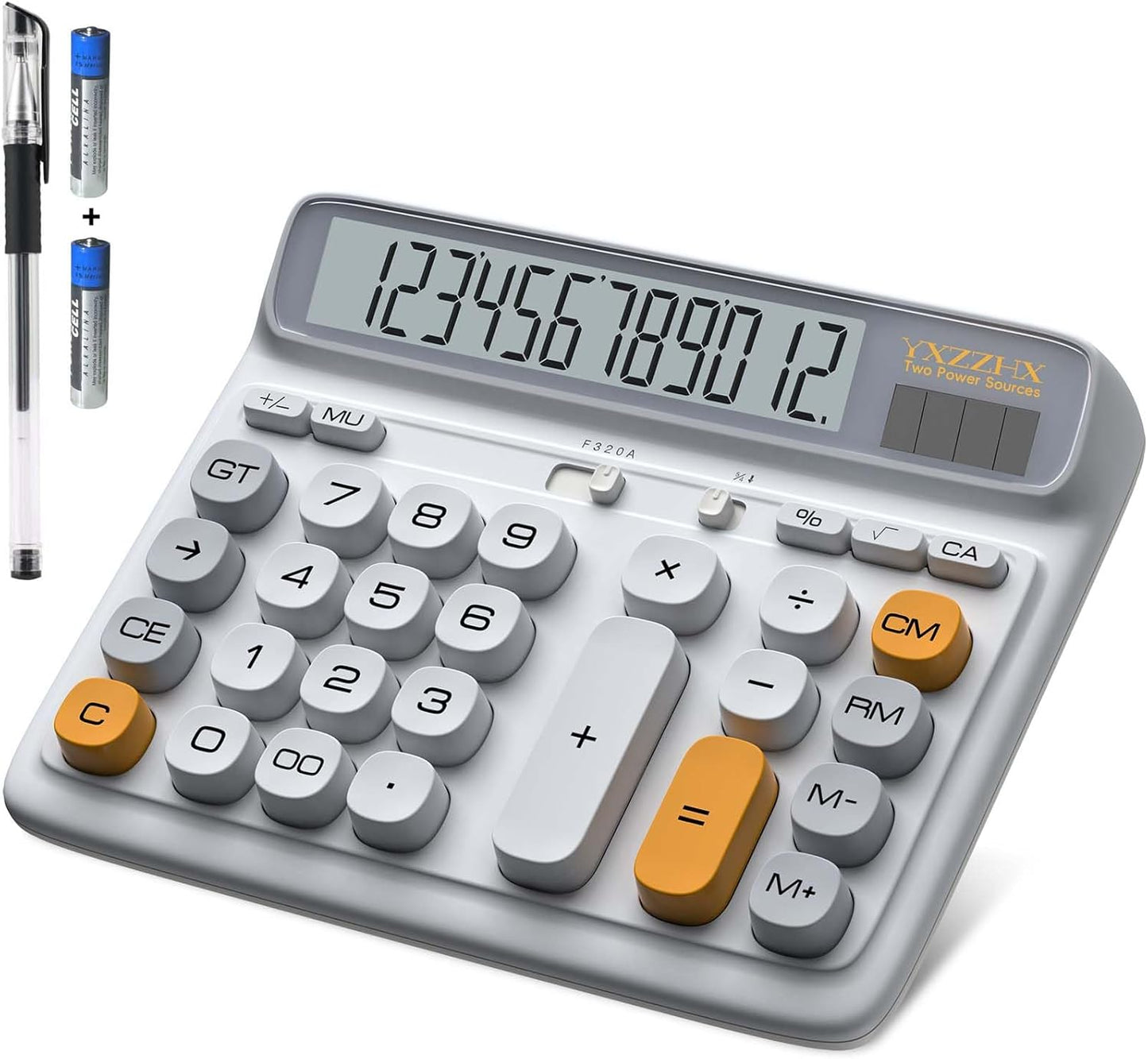 Desktop Calculator with Extra Large 5-Inch LCD Display, 12-Digit Two Way Power Solar & Battery Office Calculator with Big Buttons for Business, Accounting & Home Use(Grey)