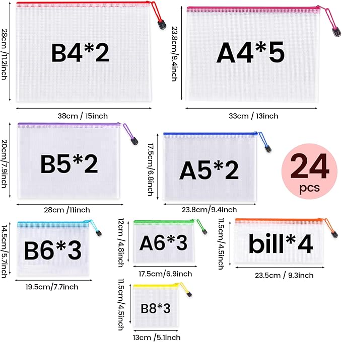 24pcs Mesh Zipper Pouch Bags - 8 Sizes Plastic Zipper Pouches for Organization, Mesh Bags with Zipper, Waterproof Clear Travel Pouches, UMETDO File Bag with Zipper for Office Supplies