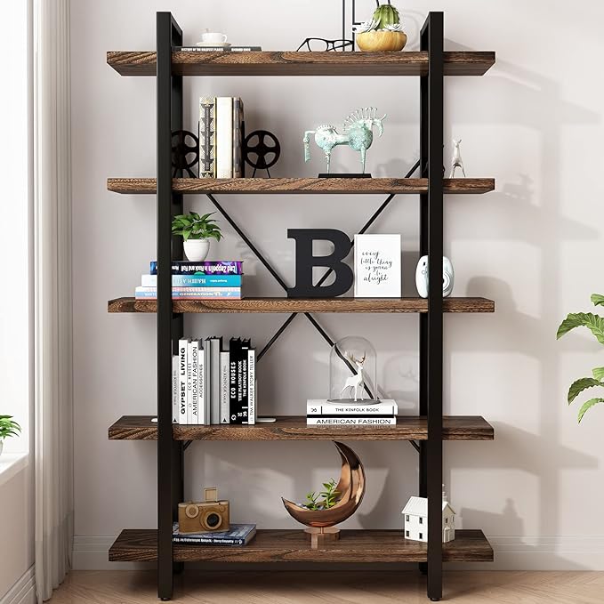 5-Tier Industrial Style Solid Wood Bookcase and Book Shelves,Rustic Wood and Metal Shelving Unit, Living Room,Modern Rustic Open Industrial Book Shelf Office,Distressed Brown (AY-02-5Tier)