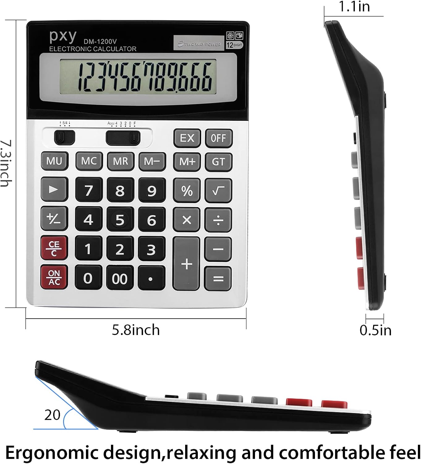 Desk Calculator 12 Digit Extra Large LCD Display, Touch Comfortable with Big Buttons, PXY Two Way Power Battery and Solar Standard Function Office Calculators