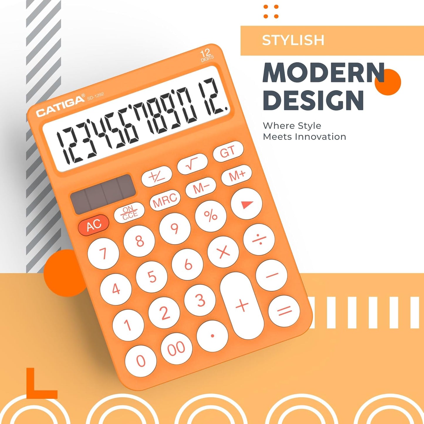 CATIGA 12 Digit Desktop Calculator Basic Desk Calculator with Large LCD Display, Big Buttons, 4 Function, Solar and Battery Dual Power, for Office, School, Home, SD-1292 Orange