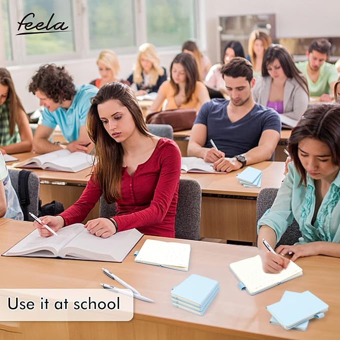 feela 15 Pack Pocket Small Notebooks Bulk, Mini Cute Memo Notepads Hardcover College Ruled Lined Journals with Pen Holder for Women Girls Office School, with 15 Black Pens, 3.5”x 5.5”, A6, Light Blue