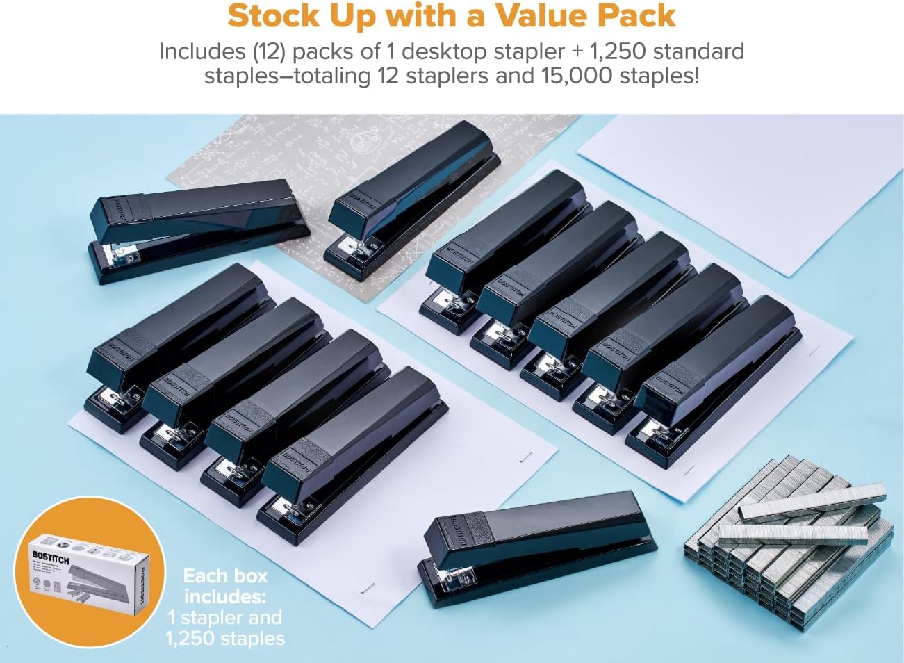 Bostitch Office Stapler, No-Jam Premium for Desktop, Includes 1,250 Staples, Full-Strip, 25 Sheet Capacity, Black, Pack of 12