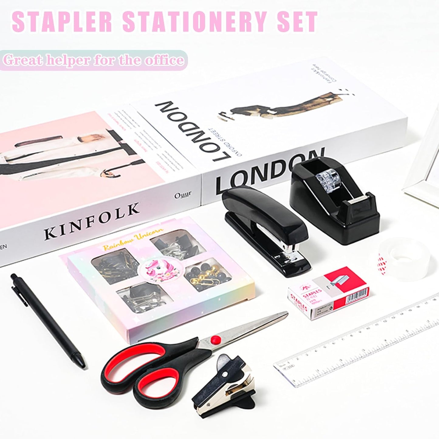 Black Desk Accessories with Pen Holder, Office Supplies Desk Organizers and Accessories, Tape Dispenser, Stapler, Staple Remover, Staples, Clips Set, Ruler, Scissor, Pen, Tape (Black)