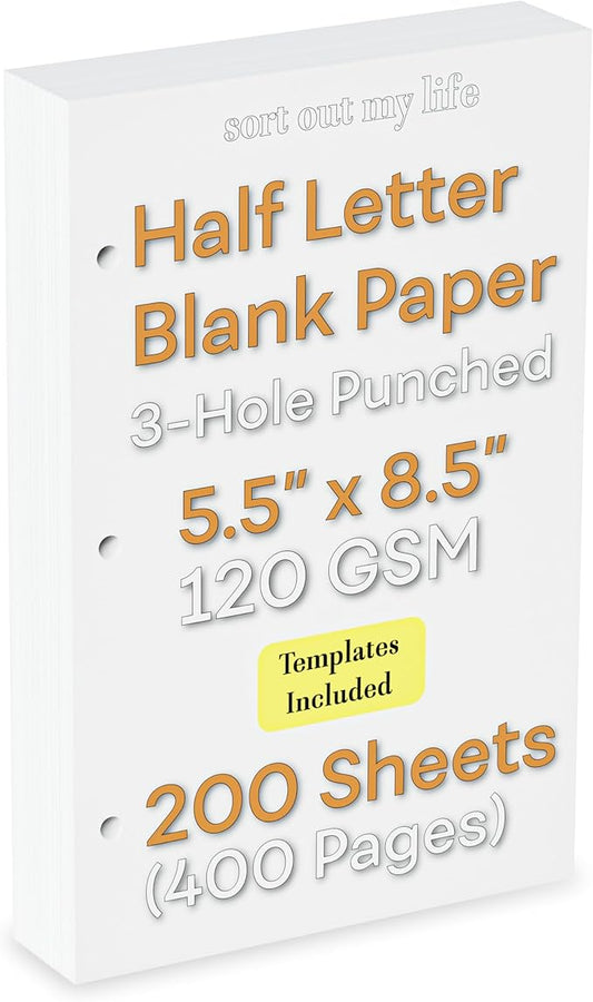 Half Letter 3-Hole Punched Blank Paper, 200 Sheets, 120 GSM, Loose Leaf, 5.5 x 8.5 inch, for Printing Custom Templates and DIY Planning