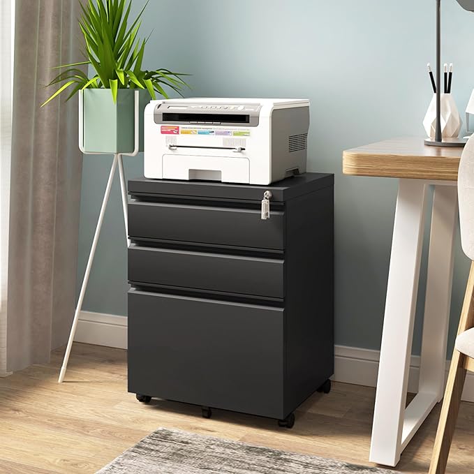 3 Drawer File Cabinet for Home Office, Under Desk Mobile Filing Cabinet with Lock for A4-Size/Letter-Size/Legal-Size, Black (HSEJ-3D)