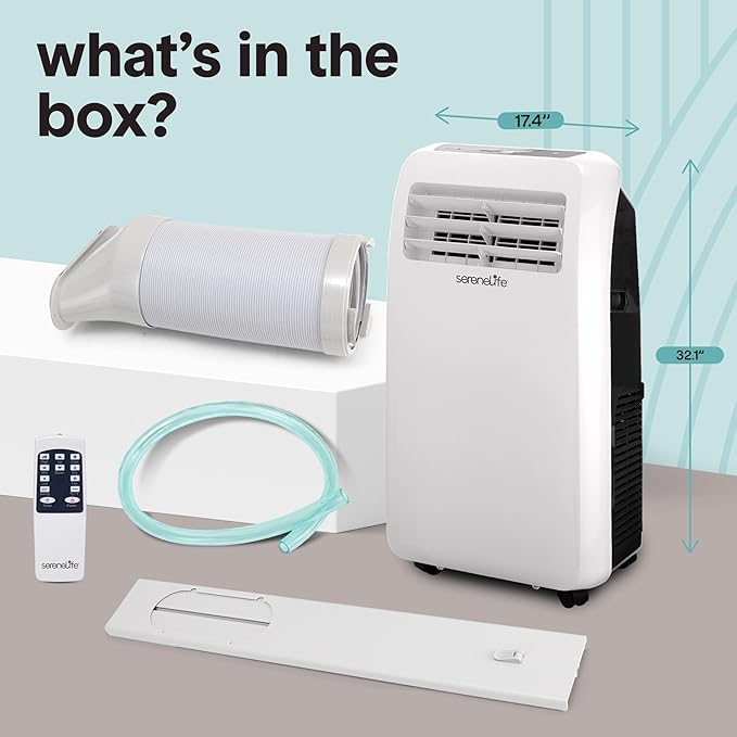 SereneLife SLPAC12.5 SLPAC 3-in-1 Portable Air Conditioner with Built-in Dehumidifier Function,Fan Mode, Remote Control, Complete Window Mount Exhaust Kit, 12,000 BTU, White