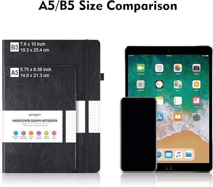 Graph Paper Notebook, 312 Numbered Pages Large A5 Hardcover Leather Journal, 100gsm No Bleed Grid Paper Notebook with Index Pages, Grid Notebook for Graphing Notes Math, 5.75" x 8.38", Black