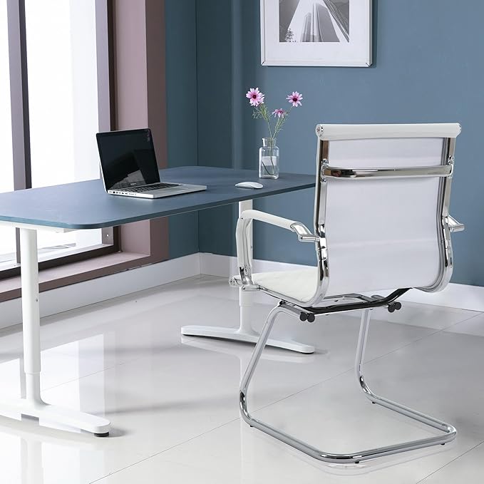 Office Guest Chairs - Set of 6 Modern PU Leather Desk Chairs for Reception, Waiting, and Conference Rooms - Mid Back, White