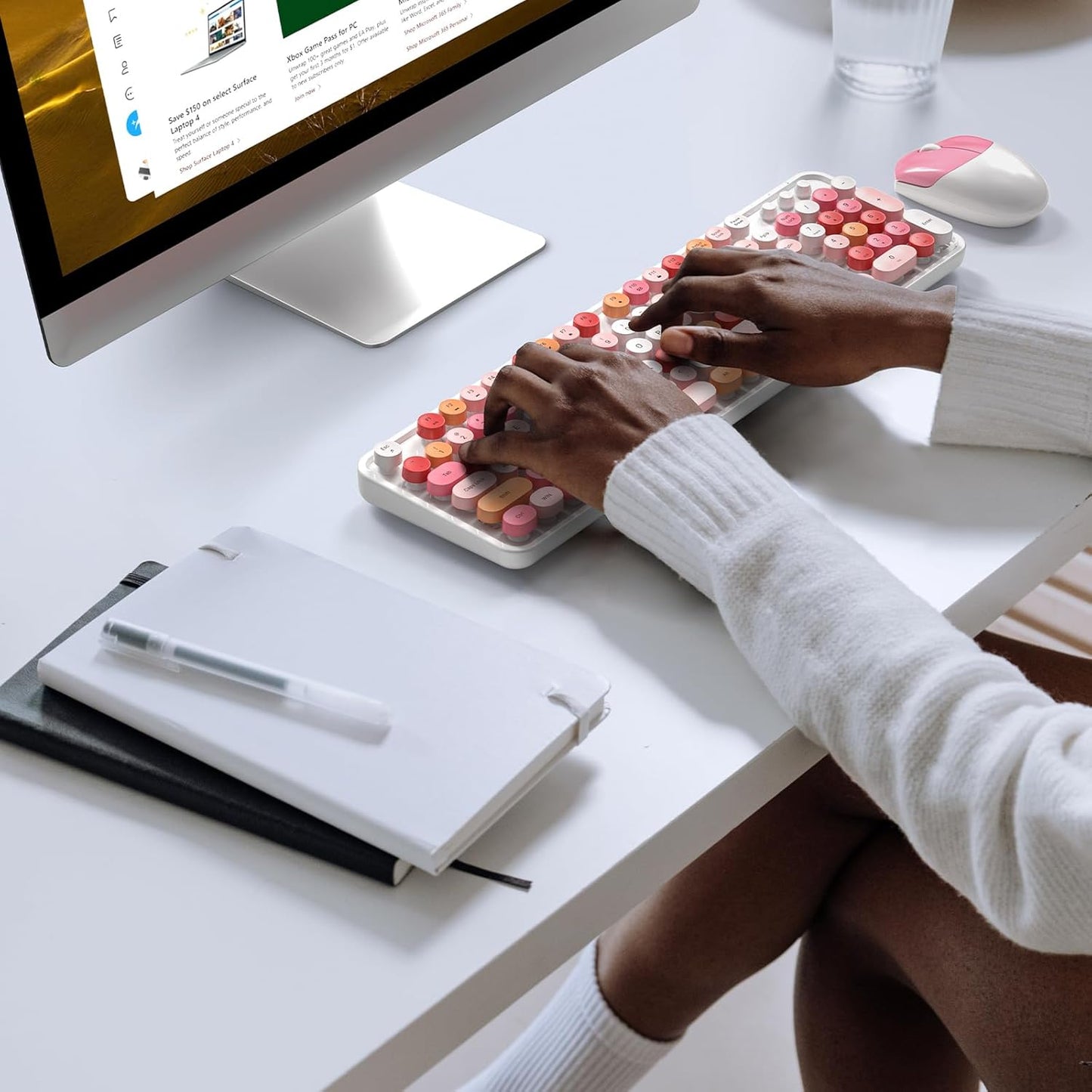 Wireless Keyboard and Mouse Combo, MOWUX Full Size Typewriter Retro Round Computer Keyboard, Mouse Wireless, Plug and Play, for Laptop, PC, Computer- White Colorful