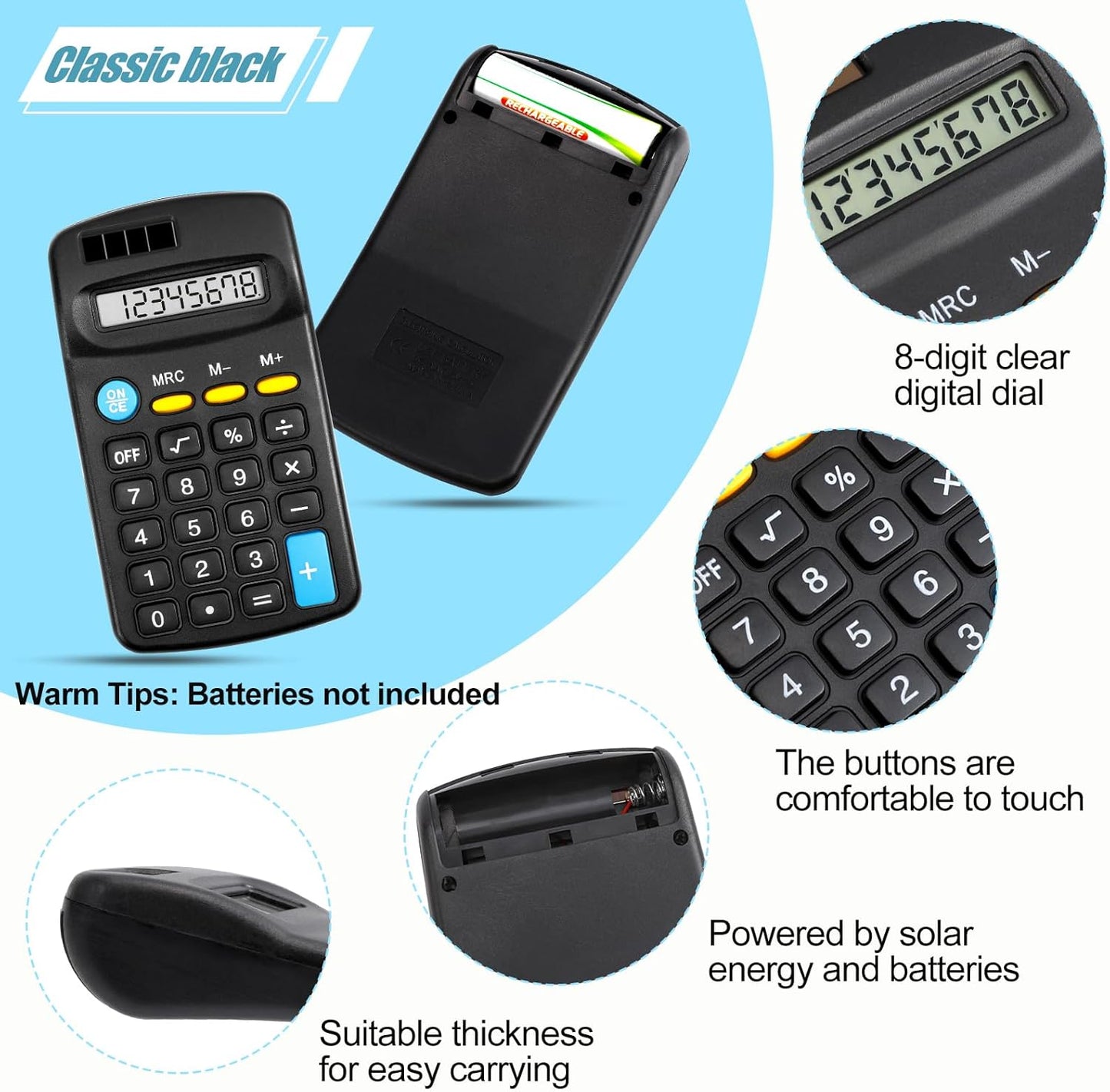 24 Pieces Pocket Calculator,Pocket Size Mini Calculators,Solar Battery Dual Power Function Calculator,8 Digit Display Basic Calculator for Students Kids Home Office(Black)