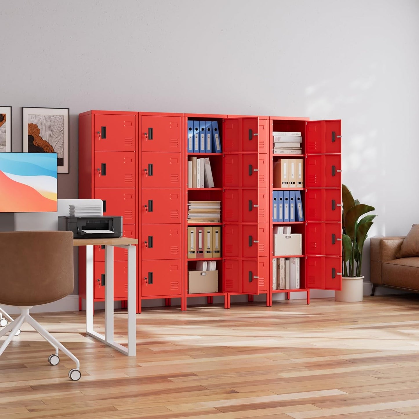 Metal Locker with Lock and Ventilation Holes,Metal Storage Locker with Business Card Slof for Home,Gym,Garage,School,Office,15.8" D x 15.8" W x 66" H Assembly Required,Red