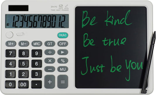 Desk Calculator Large Display with 7'' Erasable Writing Pad, 12 Digits Large Screen Display Jumbo Calculadora, Solar & Battery Powered Big Button Calculators for Business Office School, White