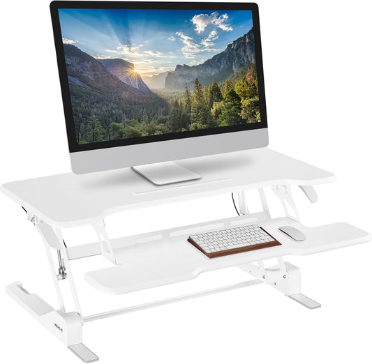 Mount-It! Standing Desk Converter White 38” Wide Height Adjustable Stand Up Desk Riser, Desk Topper with Gas Spring, Desktop Standing Desk with Keyboard Tray Fits Two Monitors