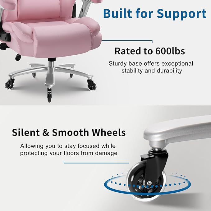Big and Tall Office Chair 600lbs, Heavy Duty Executive Office Chair for Heavy People, Pink High Back Office Leather Ergonomic Chair with Adjustable Armrests and Lumbar Support for Computer Desk Chair