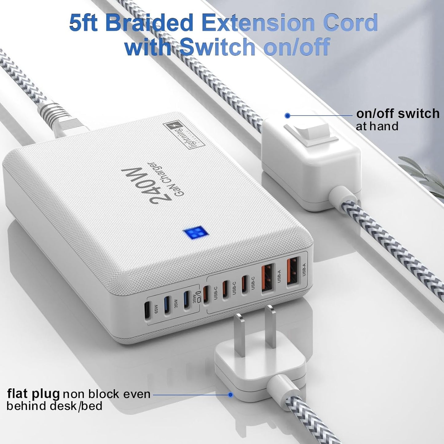 240W Fast Charging Blocks, 8-Port Charging Station for iPhone/Ipad/MacBook, 6C2A PD GaN Charger Box, USB Tower Hub 5ft Braided Power Cord with On/Off Switch, Flat Plug, Travel Essentials