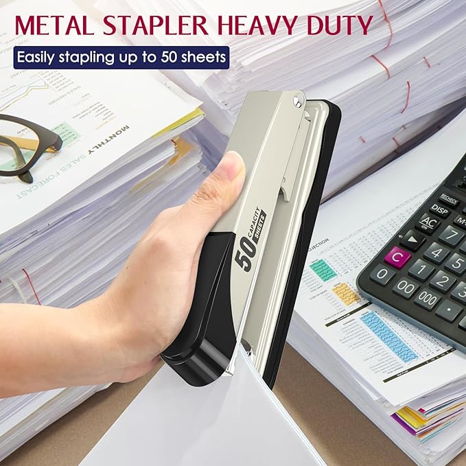 Metal Stapler Heavy Duty 50 Sheet Capacity with 1750 Staples and Staple Remover, White Stapler Full Strip Staplers for Desk, No Jam, Non-Slip Office Stapler with Staples for Office & Classroom, White