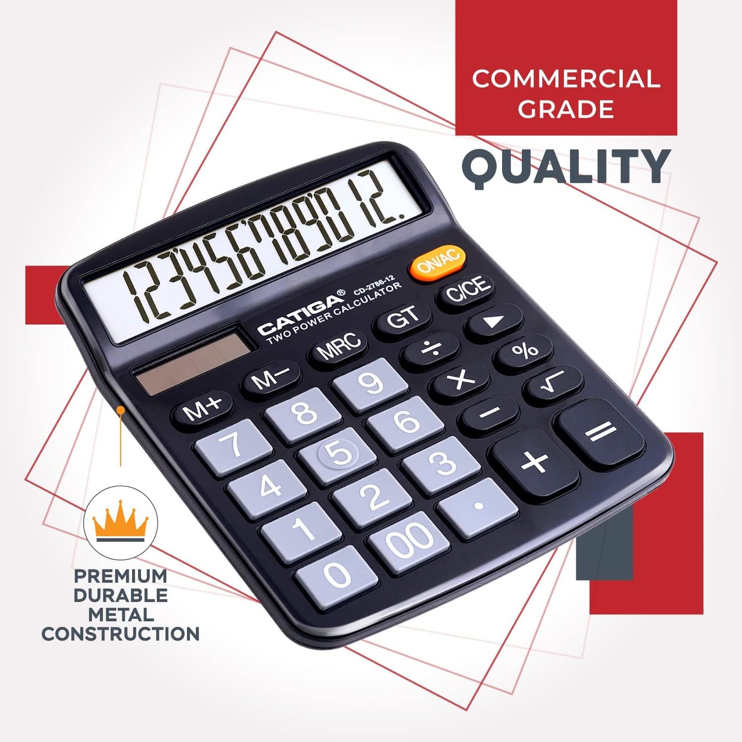 CATIGA Desktop Calculator (2 Pack) 12 Digit with Large LCD Display and Sensitive Button, Solar and Battery Dual Power, Standard Function for Office, Home, School, CD-2786 (Black/Silver)