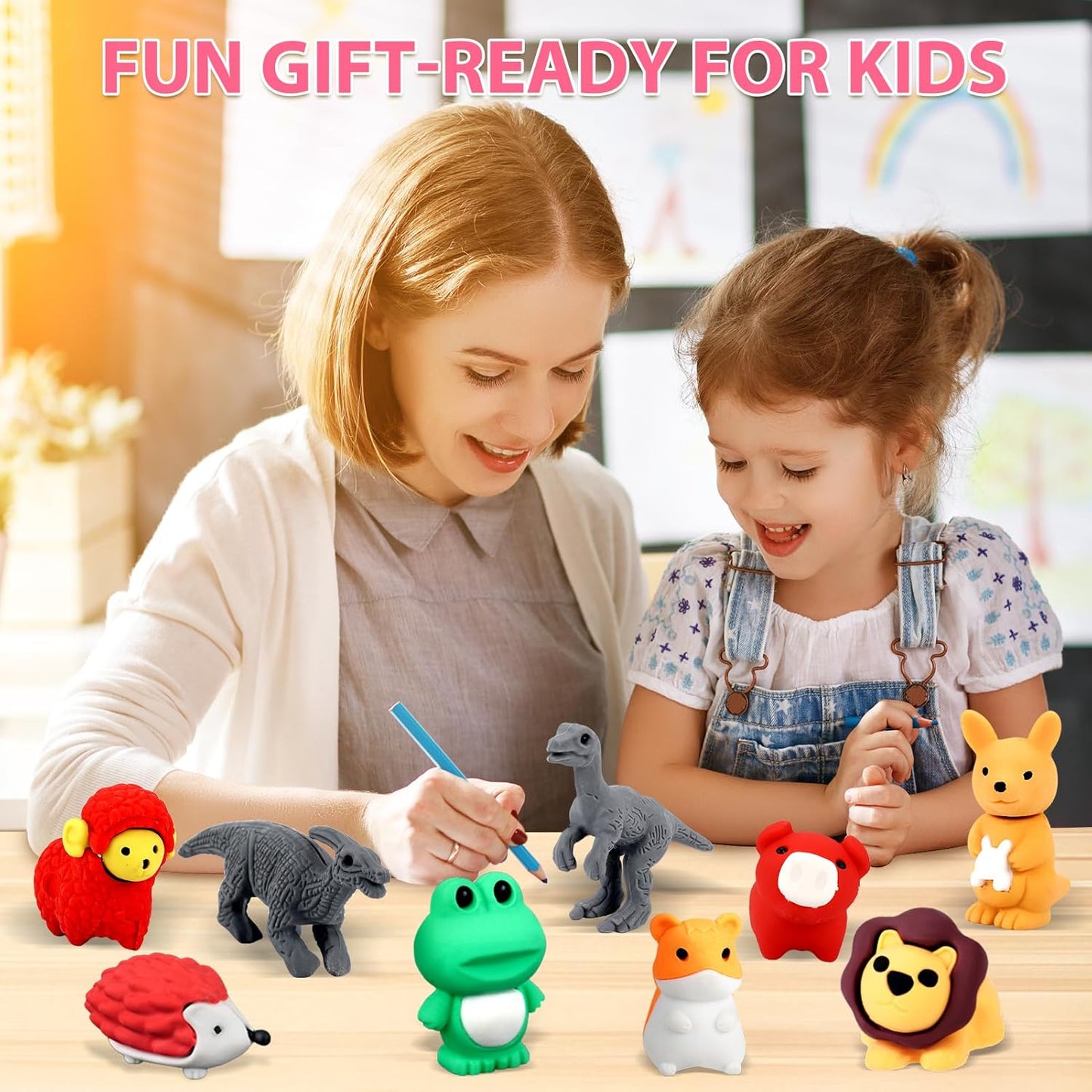 64Pcs Animal Erasers Bulk Cute Desk Pets Kids Puzzle Erasers Take Apart Cool 3D Eraser Mini Pencil Eraser Fun Party Favors for School Supplies Classroom Rewards Easter Egg Fillers Gifts