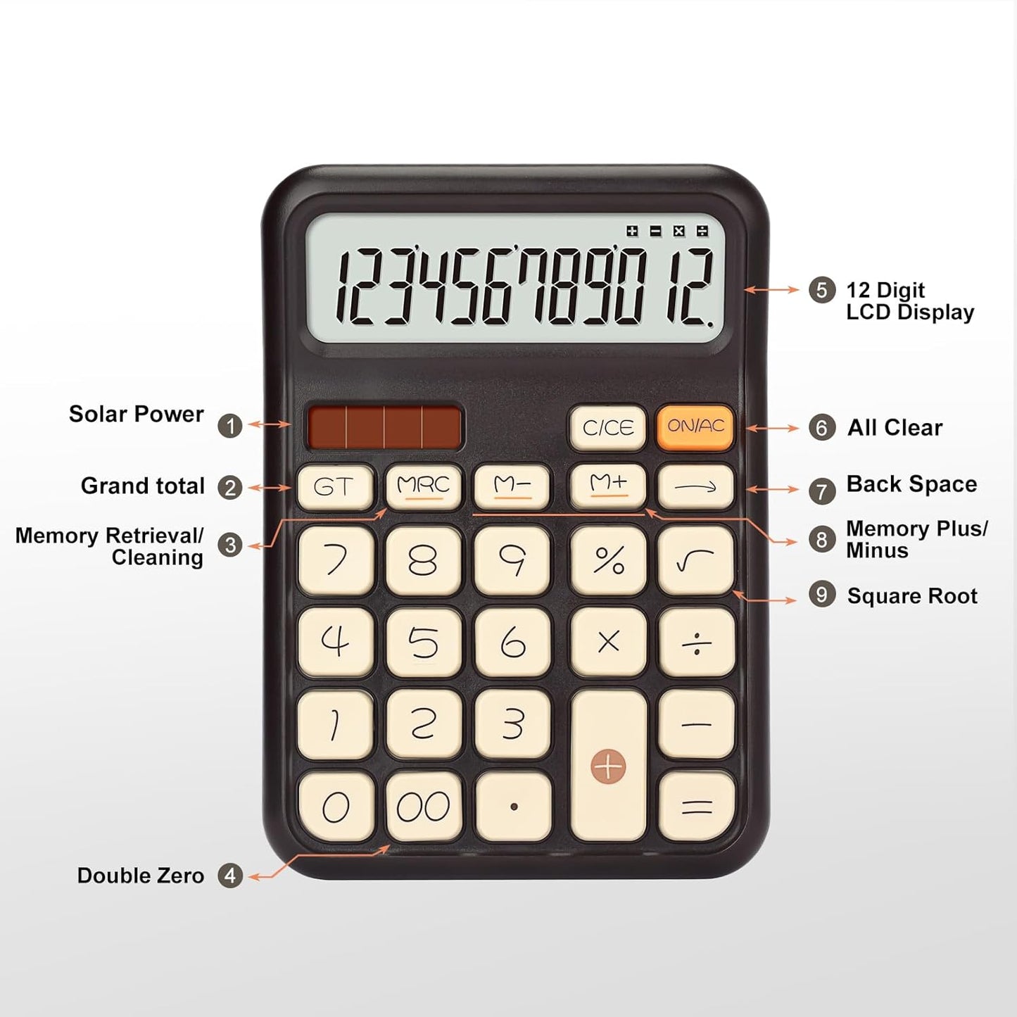 Pendancy Calculators Desktop, Basic 4 Function Handheld Desk Calculator with Solar Battery Dual Power, 12 Digit Large LCD Display Big Button for Office School Home Use (Brown)