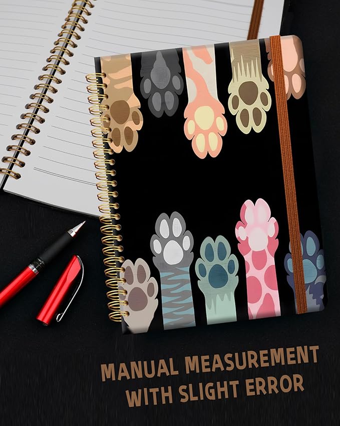 Ruled Spiral Writing Notebook,A5 Hardcover Lined College Journal for Women Lady,Fashion Puppy Watercolor Strong Twin-Wire Binding with Premium Paper,8.4" X 6",Perfect for School,Office,Home Gifts(Cat Animals Paws)