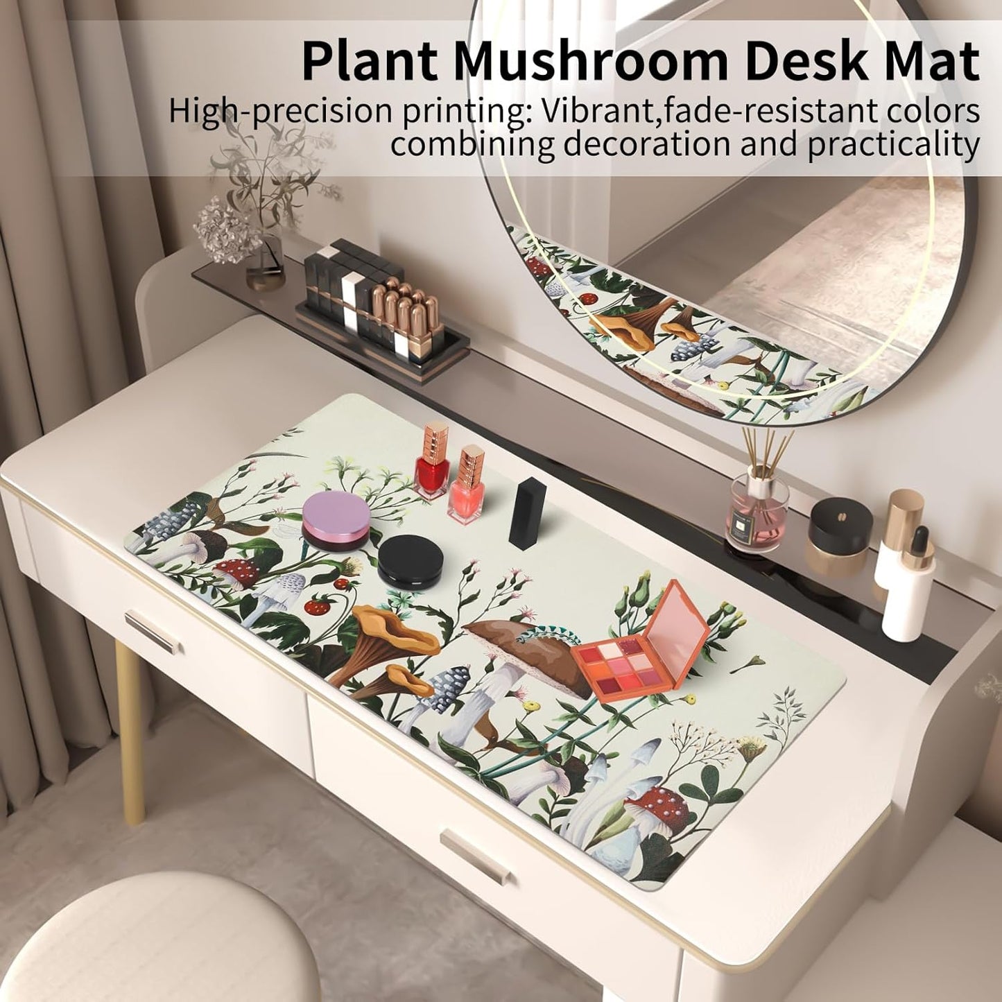 Bloss Plant Mushroom Desks Pad,Large Mouse Pad for Desktop, Leather Floral Desk Mat for Keyboard and Mouse,Waterproof Computer Laptop Desk Protector Mat for Office/Home/Women Gift,White 31.5" x 15.7"