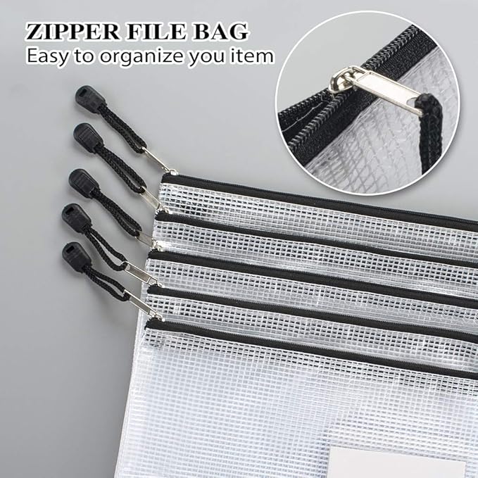 Sooez 20 Pack Mesh Zipper Pouch with Label Pocket, Plastic Zip File Folders, Letter Size A4 Zipper Document Bag for School Office Supplies, Black