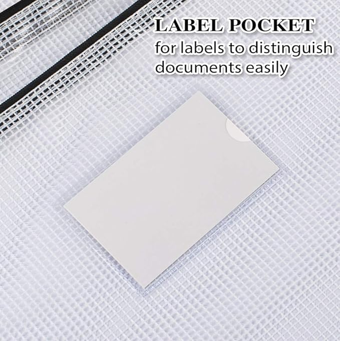 Sooez 20 Pack Mesh Zipper Pouch with Label Pocket, Plastic Zip File Folders, Letter Size A4 Zipper Document Bag for School Office Supplies, Black