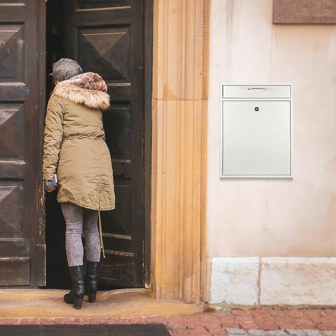 Locking Mailbox with Key for Outdoor 18 x 15 x 7 Inches Large Wall Mount Mail Box with Lock Security Mail Drop Metal Collection Boxes Hanging Secure Postbox(Creamy White)