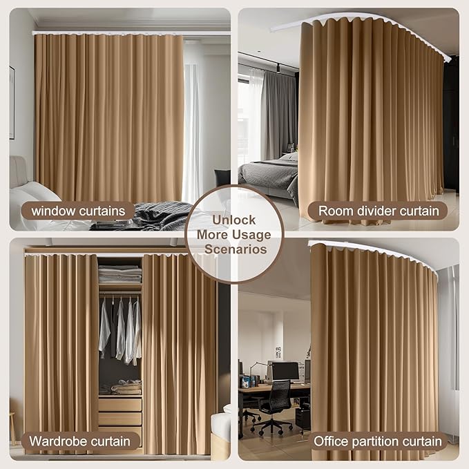 Room Divider Curtains & Flexible Bendable Tracks Set,Privacy Dividers Ceiling Track Curtain Window Blackout Curtains for Living Room Bedroom (W180 × H96 in 1 Panel Khaki Drape & White Rail)