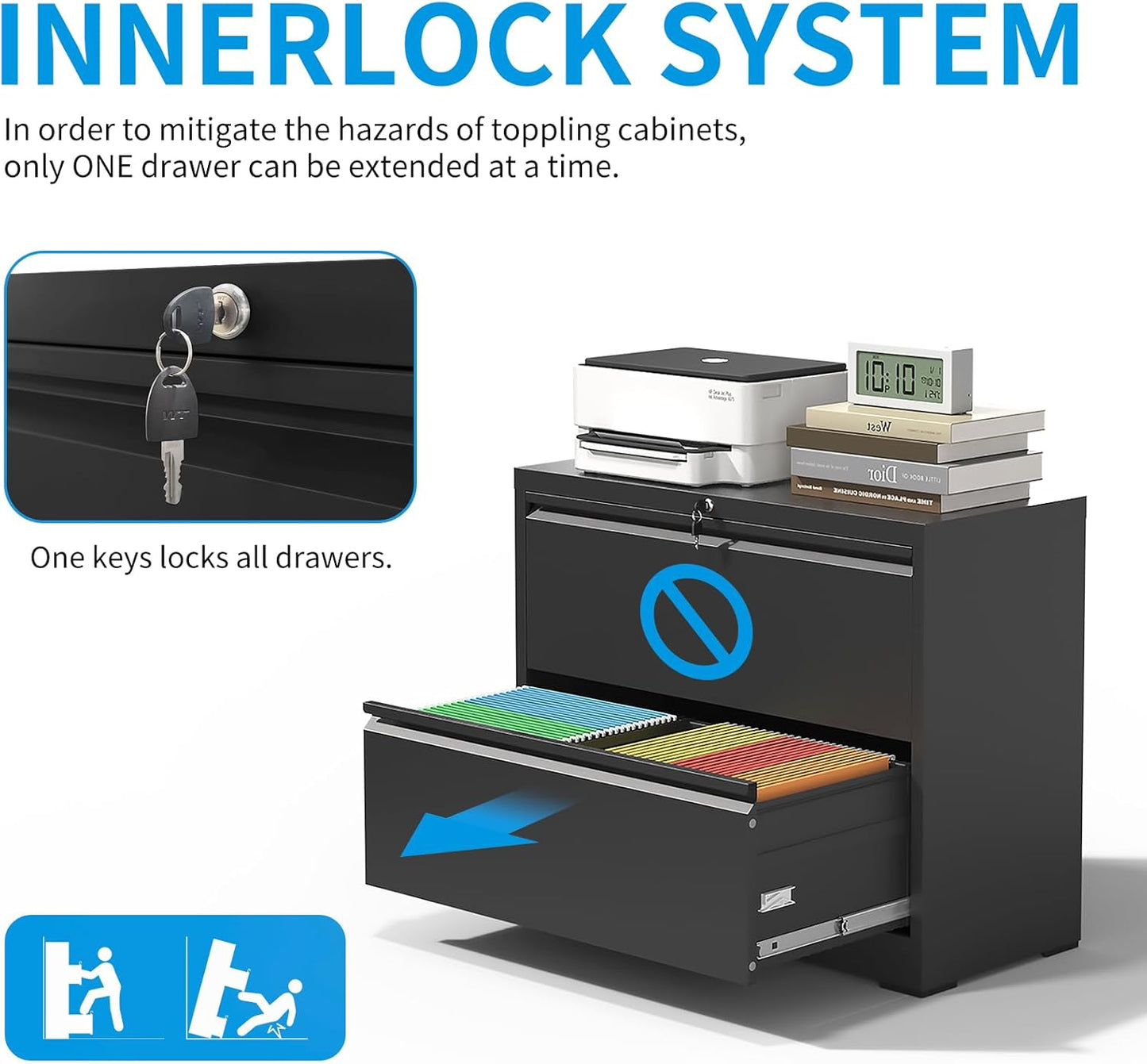 2 Drawer Lateral File Cabinet with Lock, Metal Lateral Filing Cabinet for Home Office, Steel Wide Horizontal Filing Cabinets for Letter/Legal/A4/F4 Hanging Files (Black)