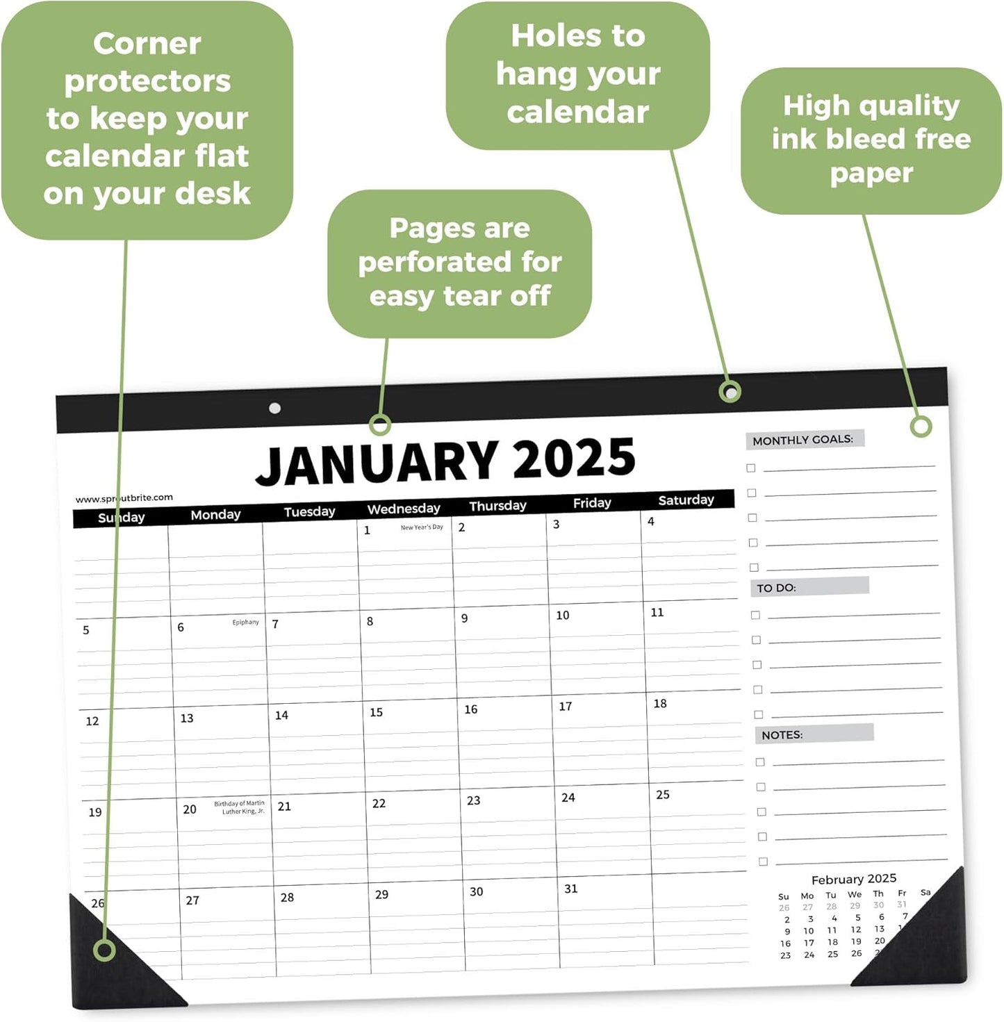 Sproutbrite 18 Month Desk Calendar 17" x 11.5" Medium Size Desktop Monthly Planner with To-Do List and Notes, Home, Office School Desk Calendar (1 PACK)