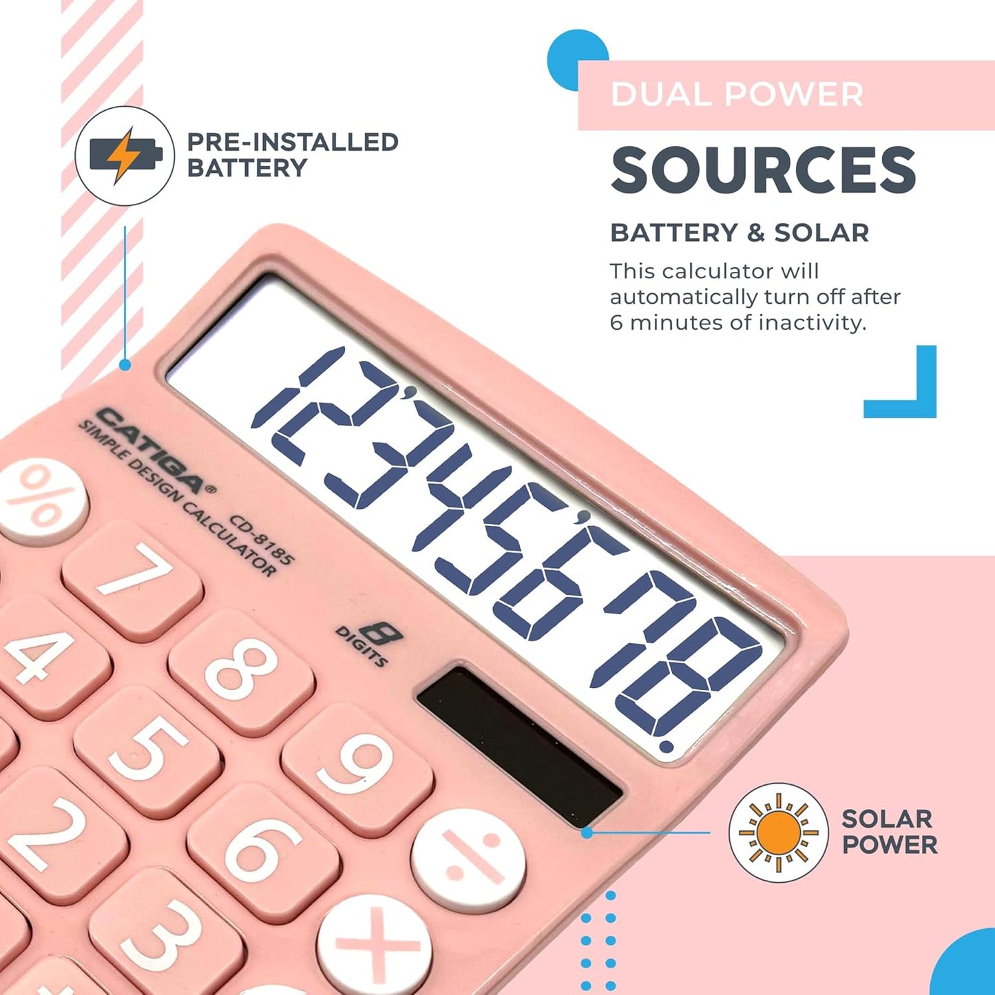 CATIGA Desktop Calculator 8 Digit with Solar Power and LCD Display, Big Buttons, for Home, Office, School, Class and Business, 4 Function Small Basic Calculators for Desk, CD-8185