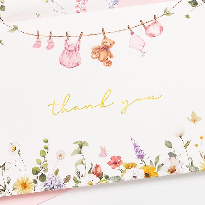 Crisky Baby Shower Pink Gold Thank You Cards (50 Pack) with Envelopes & Stickers Girl Baby Shower Greeting Cards Bulk, Watercolor Delicate Wildflower for Baby Shower Party