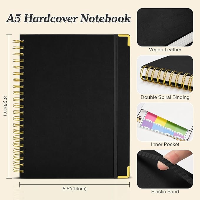 Spiral Notebook, 300 Numbered Pages Notebooks College Ruled with Contens, 100GSM Thick Journal for Women Men, Hardcover Leather Lined Journal for Writing, Large A5 Notebooks for Work School, 6" x 8"