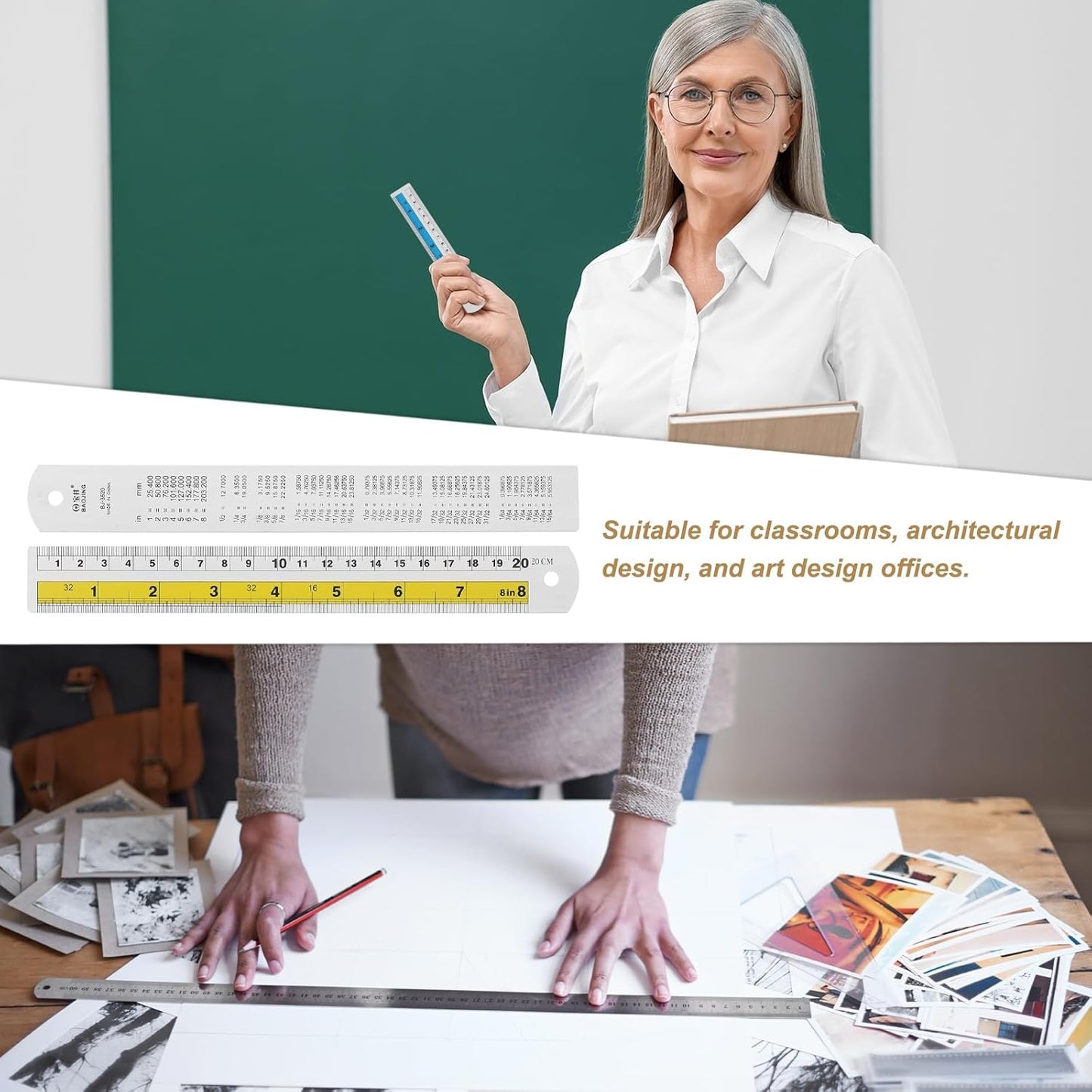 HARFINGTON 2pcs Metal Straight Ruler 20cm Metric SAE Aluminum Alloy Measuring Rulers Scale Tool with Hole for Measure Study Reading Classroom Office, Yellow