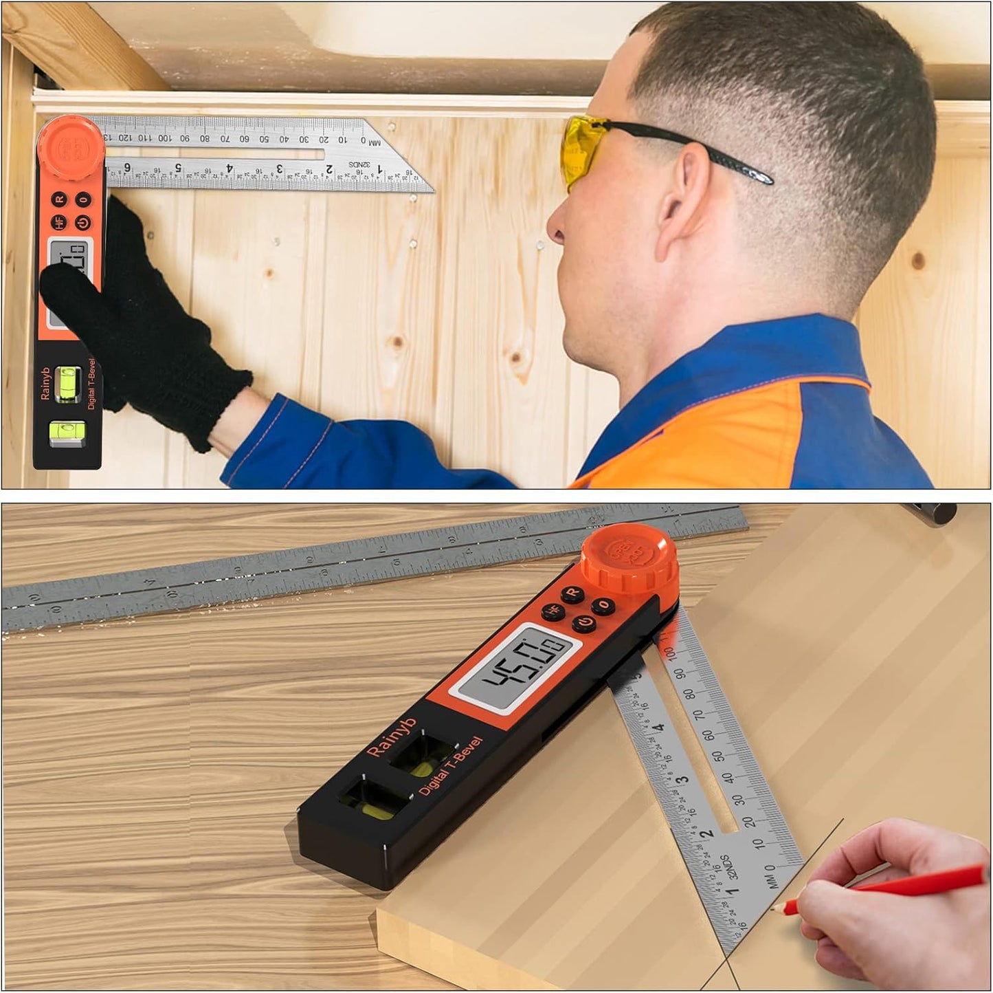 Digital Angle Finder Protractor 0-360 Degree T-Bevel Gauge & Protractor with Horizontal Vertical Bubble & Full LCD Display for Woodworking, Metalworking, Construction