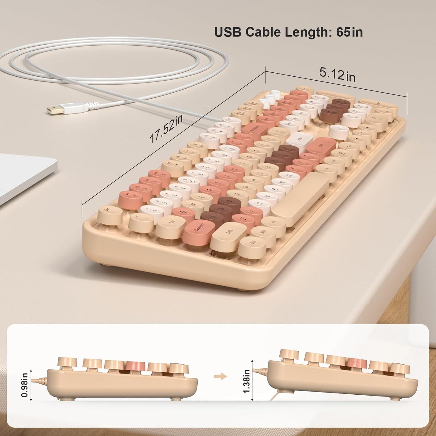 MOFII Wired Keyboard, Full Size USB Keyboard Plug Play, Colorful Retro Round Typewriter Keyboard with Foldable Stands for Windows PC Laptop (Milk Tea Colorful)