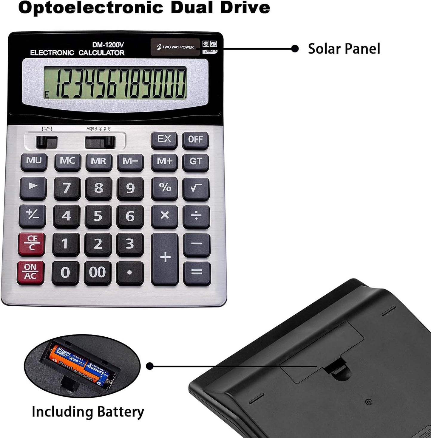 12 Digit Desktop Calculator with Large LCD Display and Sensitive Button, Dual Solar Power and Battery, Standard Function for Office (YE1200v)