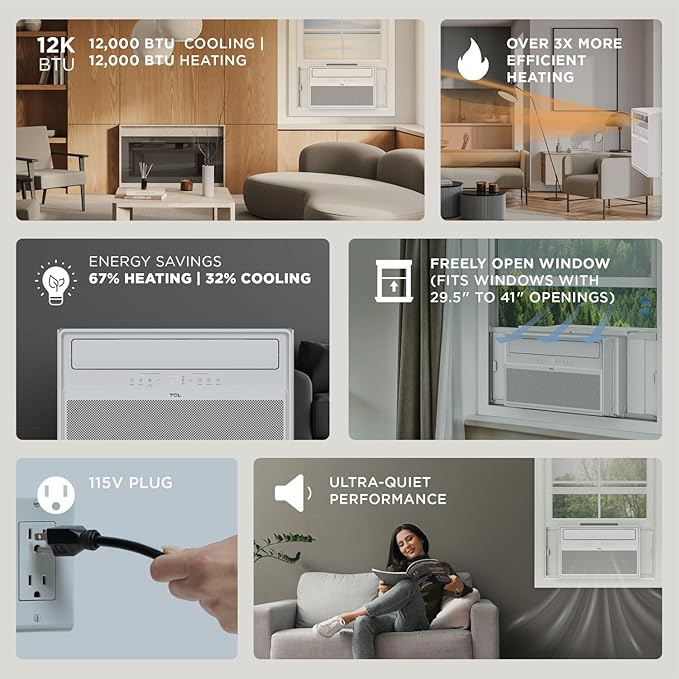 TCL 12,000 BTU Q-Series Smart Inverter Window AC with Heat Pump, Ultra-Quiet, up to 67% Energy Saving, 115V, Compatible with Alexa/Google Assistant/Apple Homekit/Matter, Cools up to 550 Sq. Ft.