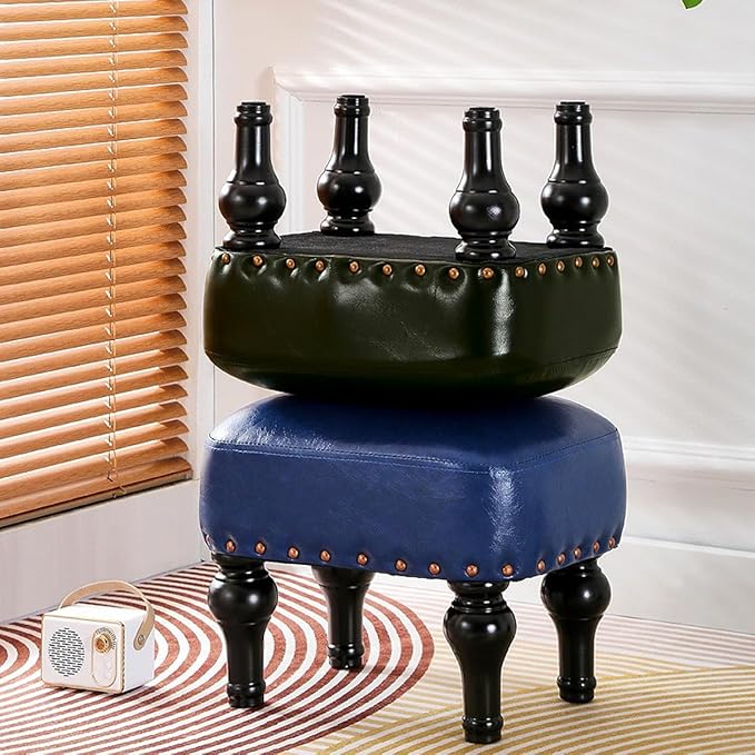 Ottoman Leather Foot Rest with Thicker Foam Padded Seat, Footstool with Wooden Legs (Green)