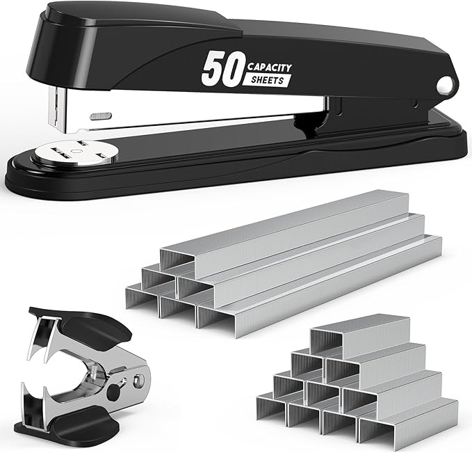 Metal Stapler Heavy Duty 50 Sheet Capacity with 1750 Staples and Staple Remover, Full Strip Staplers for Desk, No Jam, Non-Slip Office Stapler with Staples for Office & Classroom, Black