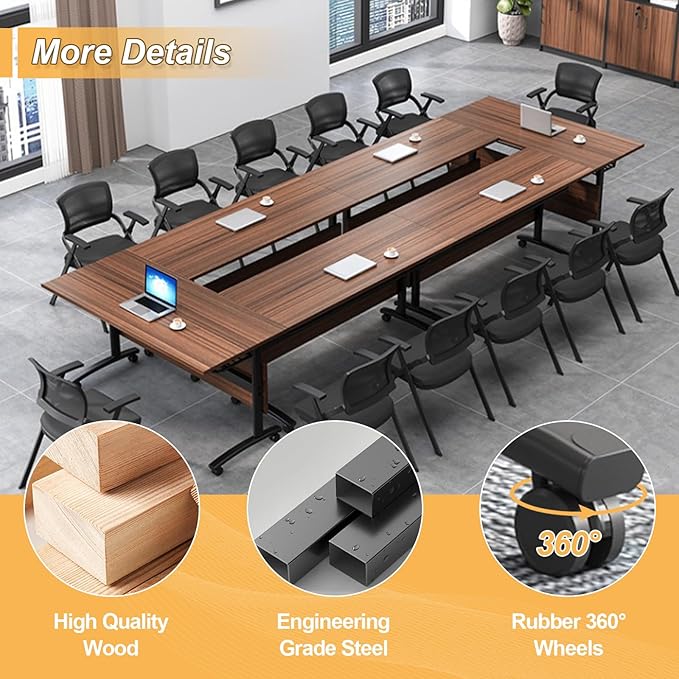 Conference Room Table with Silent Wheels, Mobile Folding Conference Table for 16 Person,Flip Top Office Training Tables with Walnuts Wood Tabletop, for School,Business Meeting Rooms (2 Pack 71in)