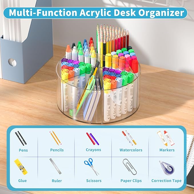 Rotating Art Supply Organizer 2 Pcs, Clear Marker Organizer Pen Holder for Desk, Colored Pencil Organizer Desktop Organizer for Kids, Acrylic Lazy Susan Organizer