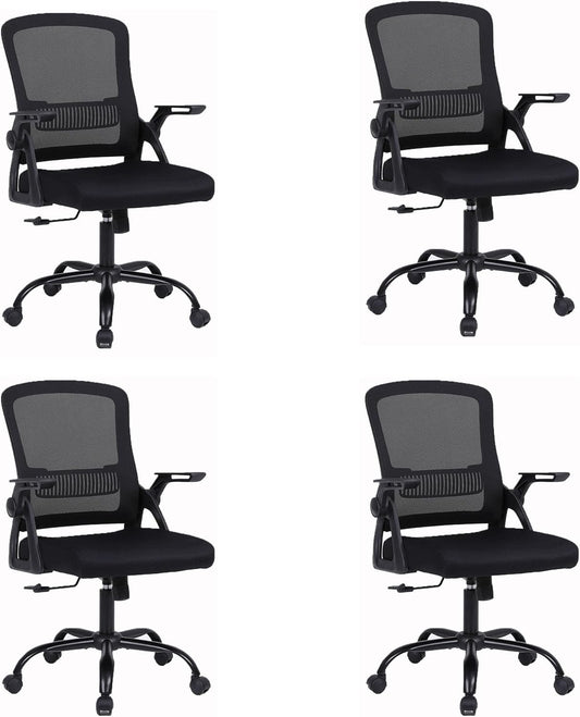 Office Chair, Ergonomic Desk Chair with Lumbar Support, Breathable Mesh Chair with Flip-up Armrests and Mid Back, Comfy Task Computer Height Adjustable Swivel Chair (4, Black)