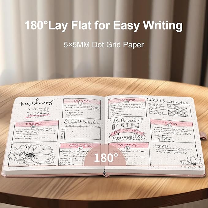 AHGXG Bullet Dotted Journal - 150 GSM Dot Grid Notebook Journal, Thick Acid-Free Paper, A5 Dotted Notebook 128 Pages, Leather Hardcover, Inner Pocket, Journal Stencil, 5.7'' × 8.3'' - Rose Gold