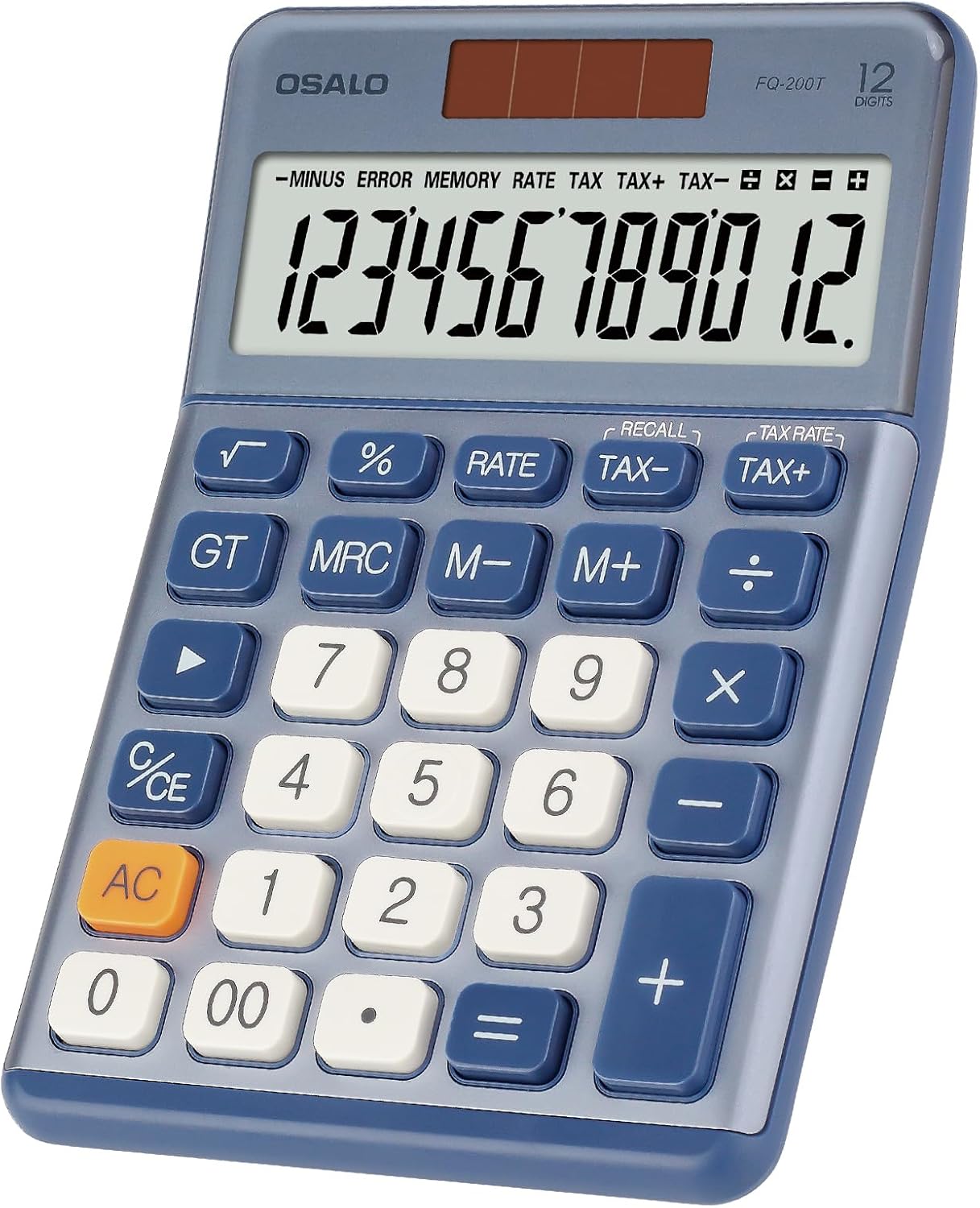 Pendancy Office Small Calculator Desktop with Tax+/- for Tax Calculation, 12 Digit Large LCD Display, Solar Battery Power, Durable Portable Design, Financial Accounting Business Home Use(OS-200T-Blue)