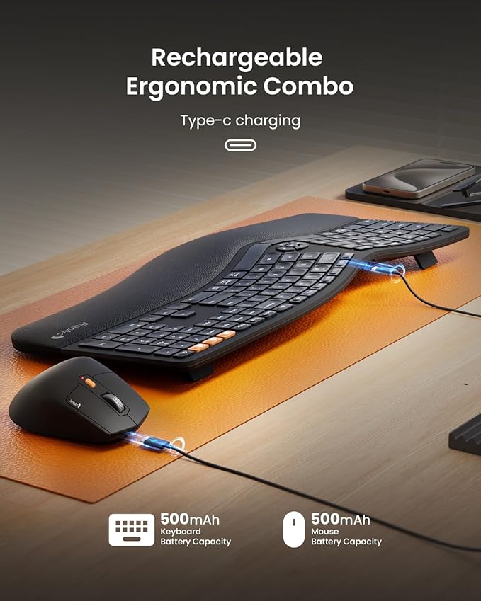 ProtoArc Ergonomic Wireless Keyboard Mouse, EKM01 Plus Full Size Ergo Bluetooth Keyboard Mouse Combo, Split Design, Wrist Rest, Multi-Device, Rechargeable, for Windows/Mac OS - Black